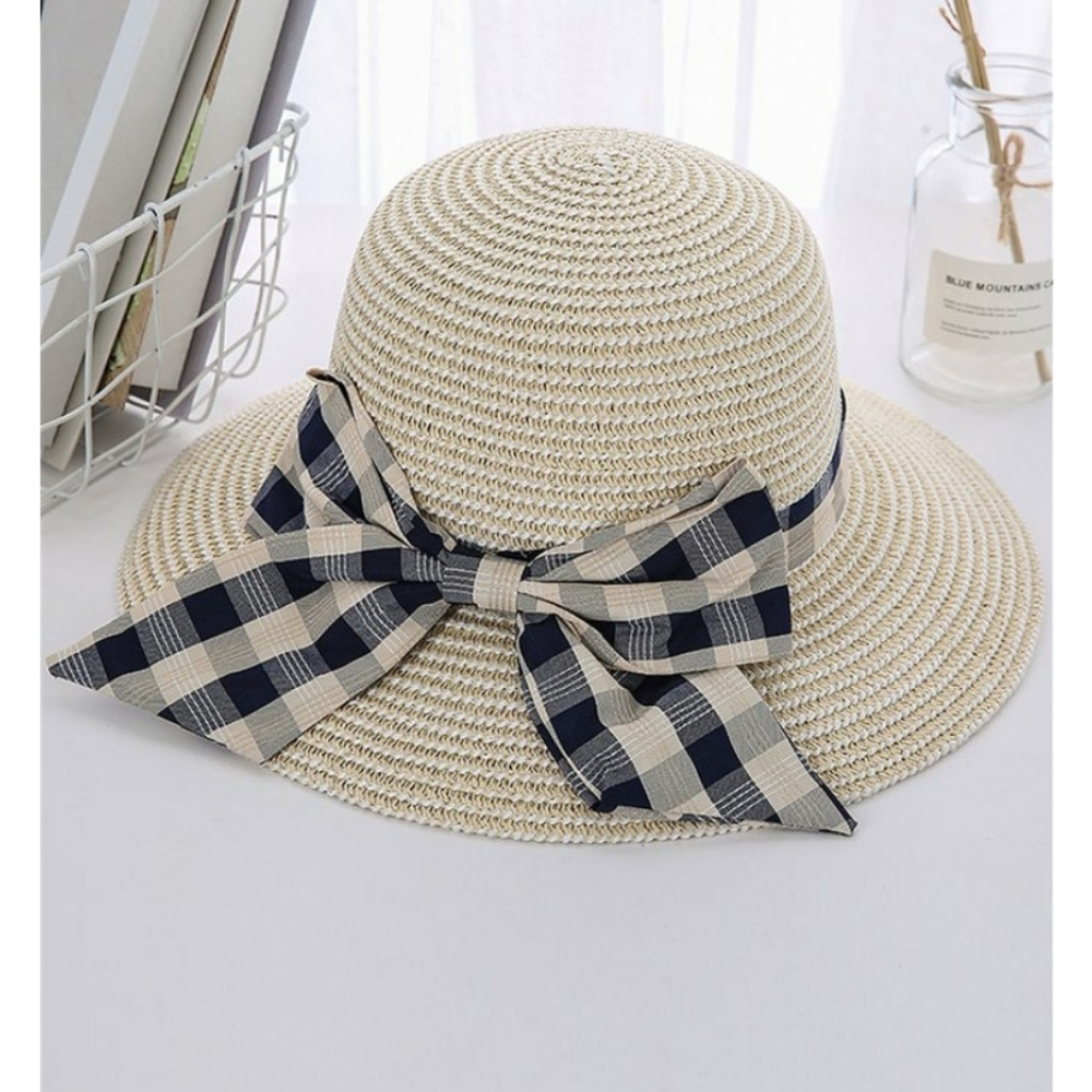 🆕👒BEIGE SUN HAT WITH NAVY PLAID BOW 👒